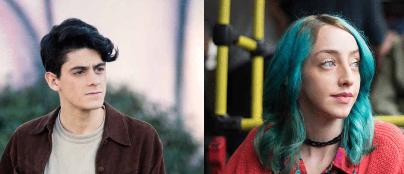 headshot of Felipe, a dark-haired, young man, and a headshot of Juana, a blue-haired, young woman