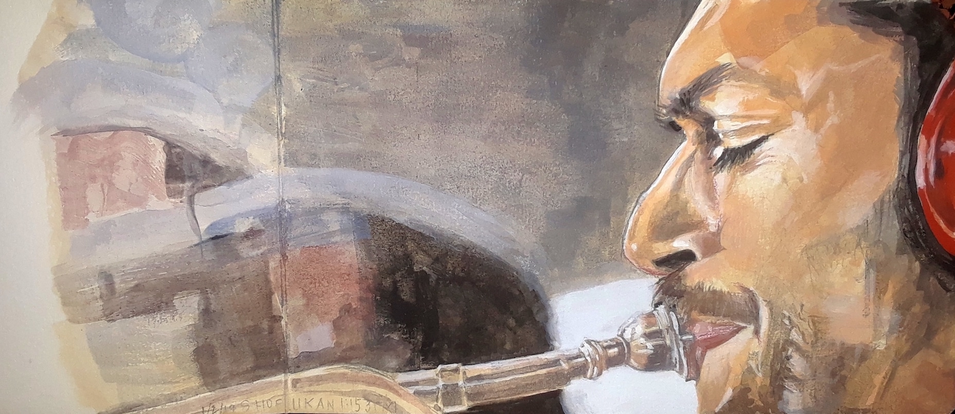 Painting with a closeup profile view of a man's head. He's playing a brass instrument.