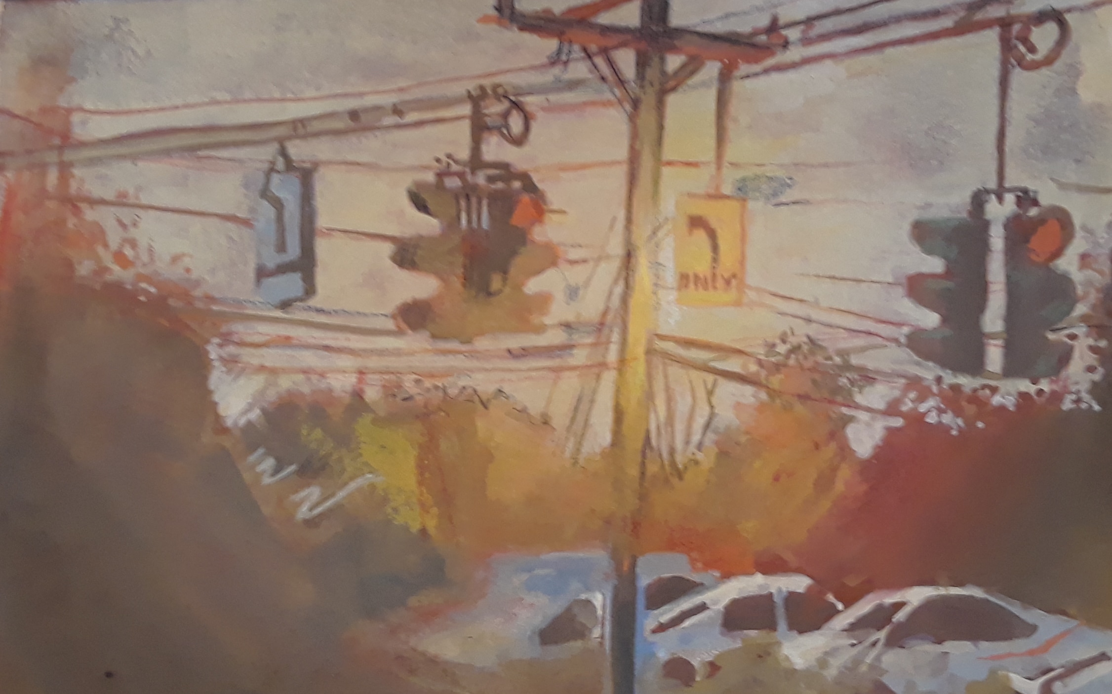 a surreal painting of two traffic lights, a turn sign, and electricity lines. There are white cars in the background among what seems to be fall foliage. 