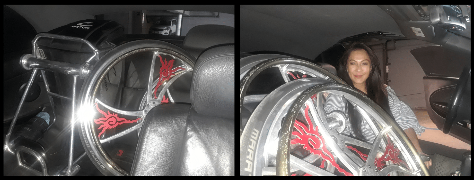 Before and after photos of old method of placing wheelchair in her car and new method of stacking wheels within the frame to create more room for passengers.