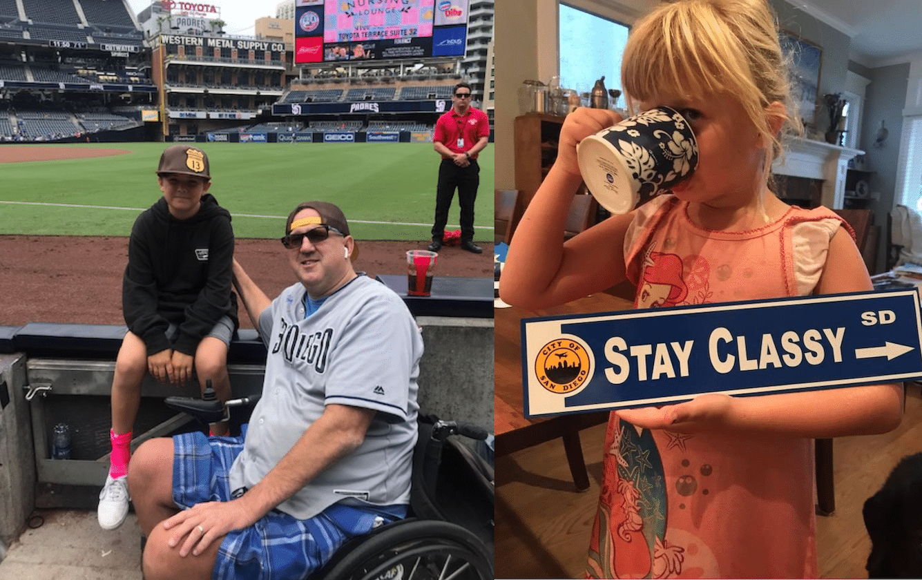 Two photos: Stefan and his son at a baseball game, and his daughter drinking out of a mug holding a sign that reads, "Stay Classy SD (City of San Diego)."