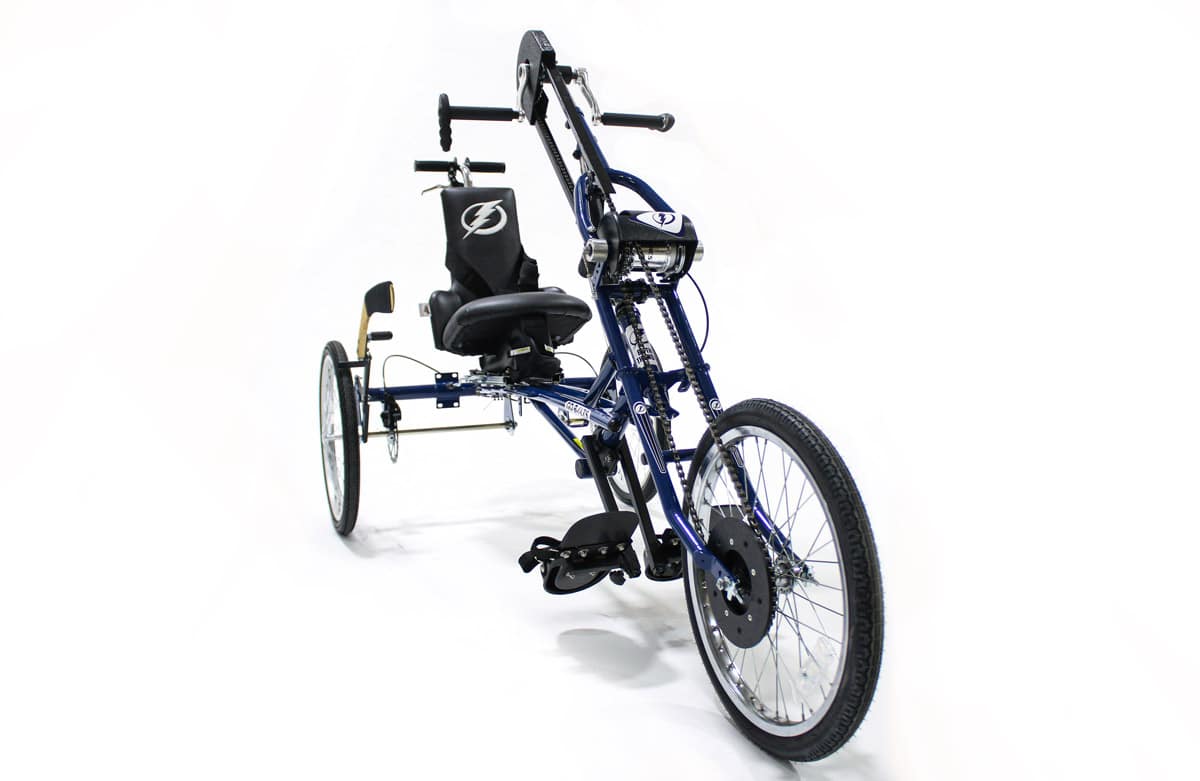 Charlie's handcycle with Tampa Bay Lightning logos on the backrest and front area.