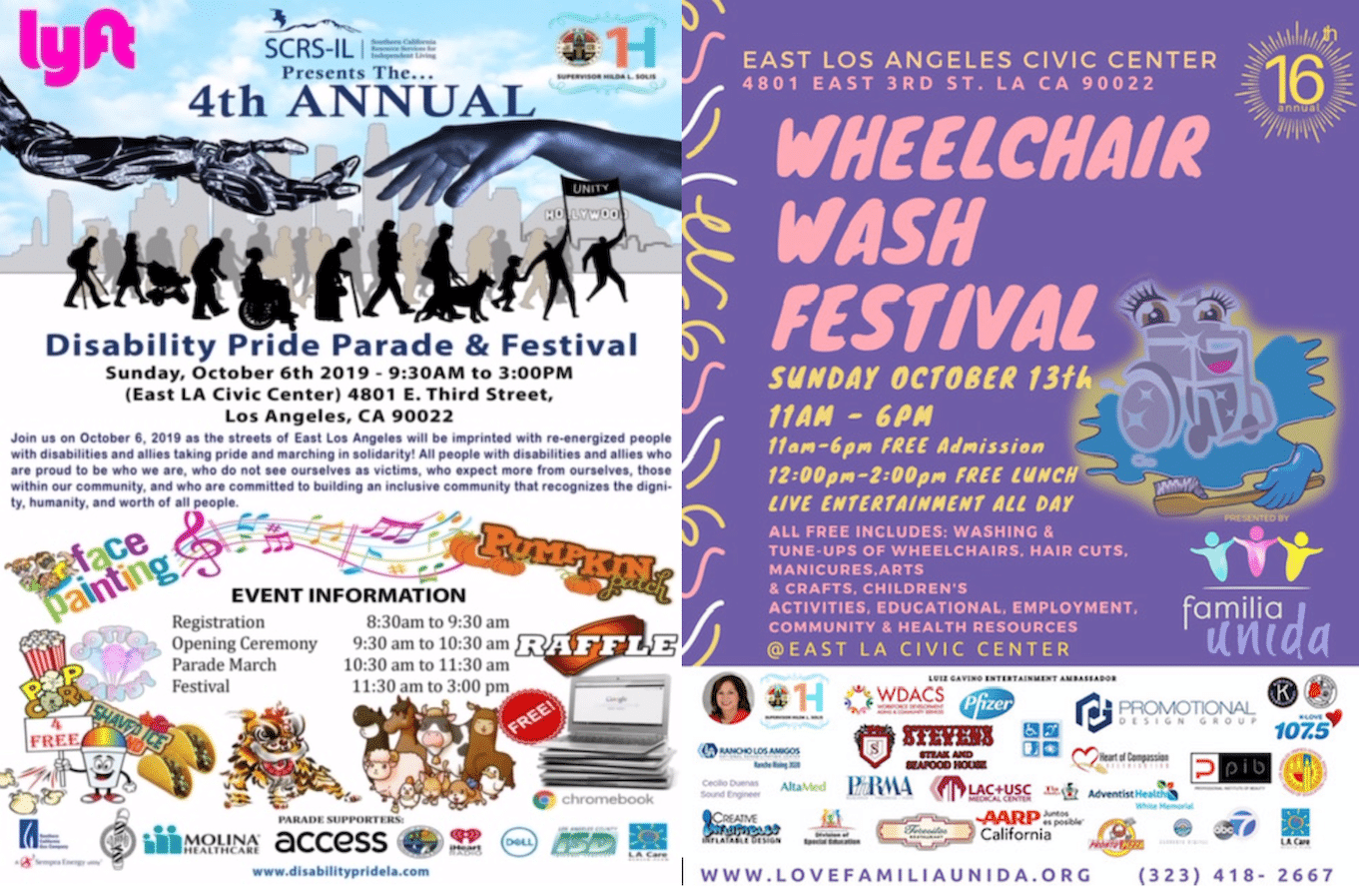 Two fliers side by side. The first reads, "4th Annual Disability Pride Parade & Festival. Sunday, October 6, 2019, 9:30am - 3pm, East LA Civic Center, 4801 E. 3rd Street, Los Angeles, CA 90022. The second reads, "Wheelchair Wash Festival, Sunday, October 13, 2019, 11am - 6pm. Free admission. East Los Angeles Civic Center, 4801 East 3rd Street, Los Angeles, CA 90022.