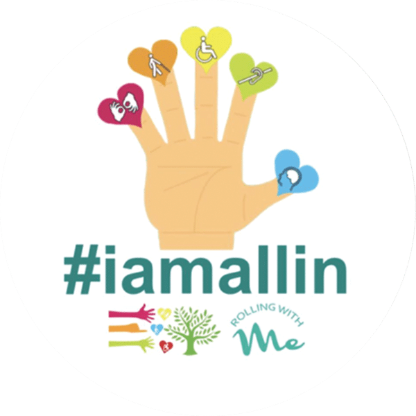 A drawn hand with hearts containing various symbols of disability on its fingers. #iamallin