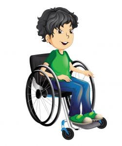 a little boy character in a manual wheelchair