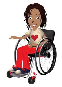 A girl character in a manual wheelchair 